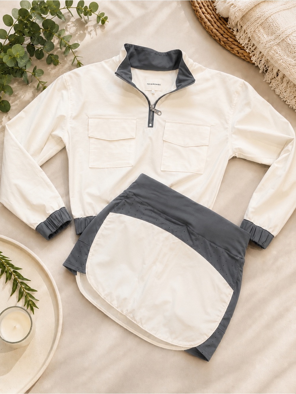 7 Diamonds 2 pc  1/4" Zip Pullover and High Waisted Skort  Ivory & Dark Gray XS